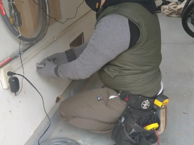 Electrician performing outlet wiring in a Quantico Base garage